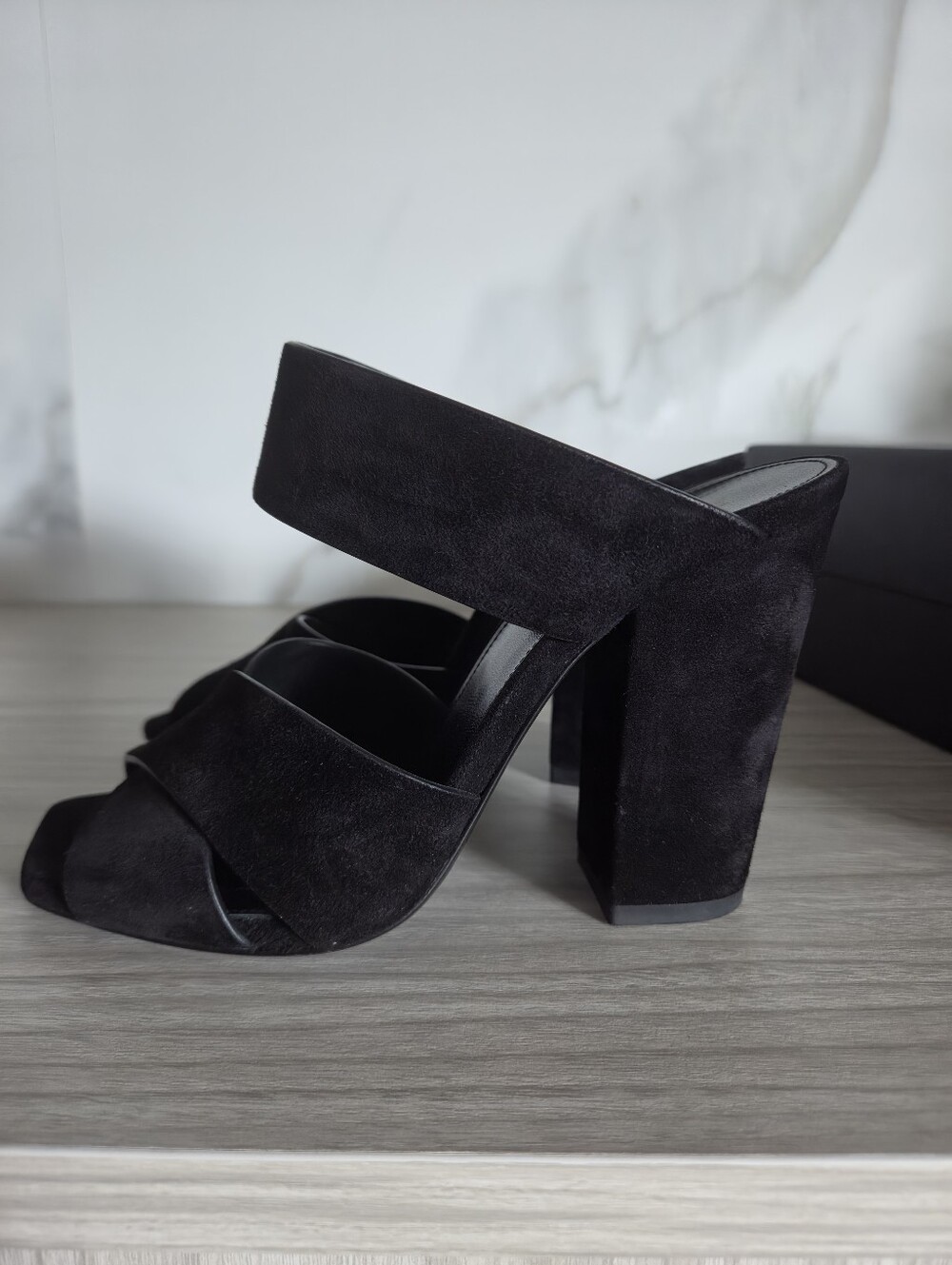 YSL Black Suede Block Heel Slide Sandals - Women